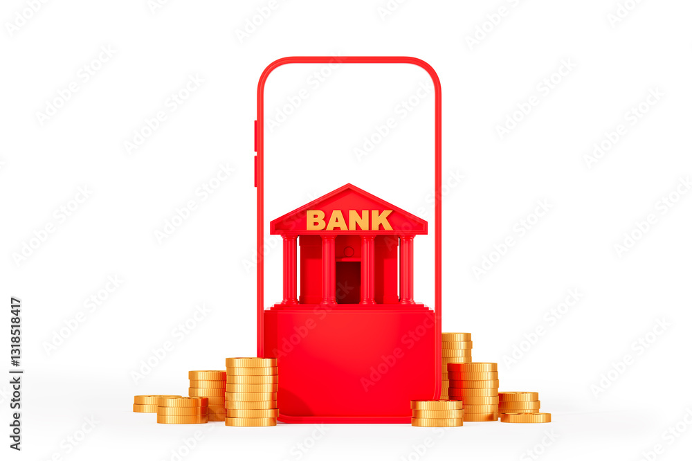 Poster 3d rendering of a red mobile banking concept with a classic bank building inside a smartphone frame,