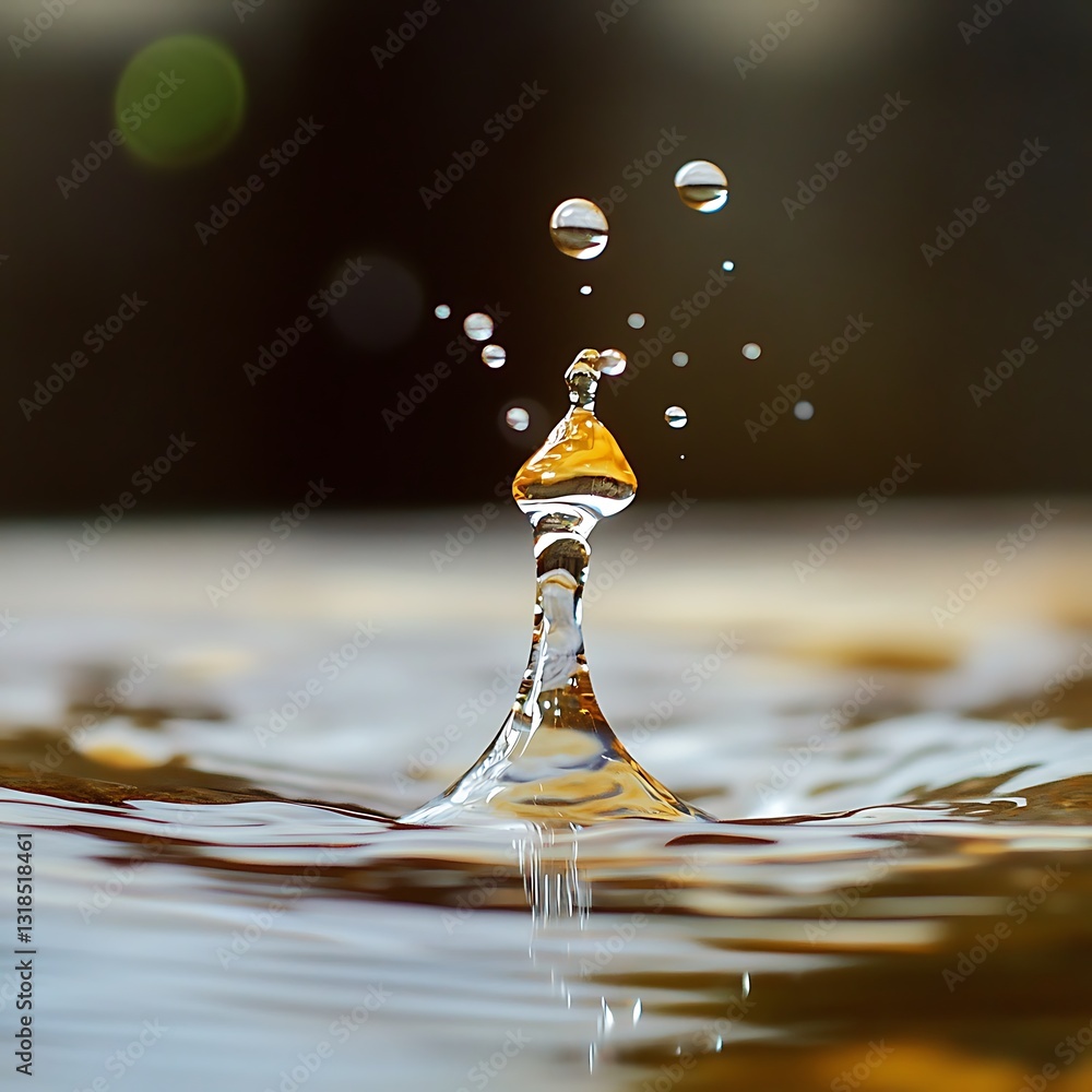 Poster splashing water droplet creating ripples on a calm surface under soft warm light conditions