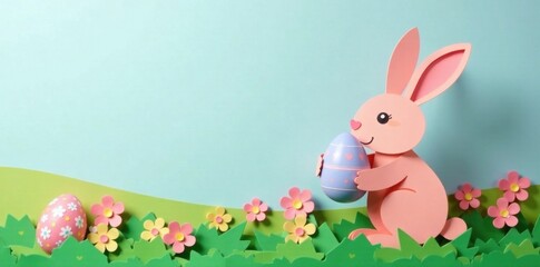 Fototapeta premium Paper cut rabbit holding an Easter egg, spring, easter egg, colorful