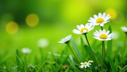 Small white chamomile daisies in a lush green meadow, wildflowers, spring