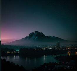 A beautiful night forest sky full of stars above a snowy mountain range. Ideal for nature and landscape backgrounds,generative ai
