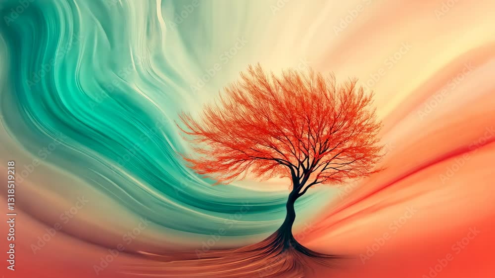 Poster surreal tree with whimsical flowing branches against pastel backdrop creating dreamlike landscape an