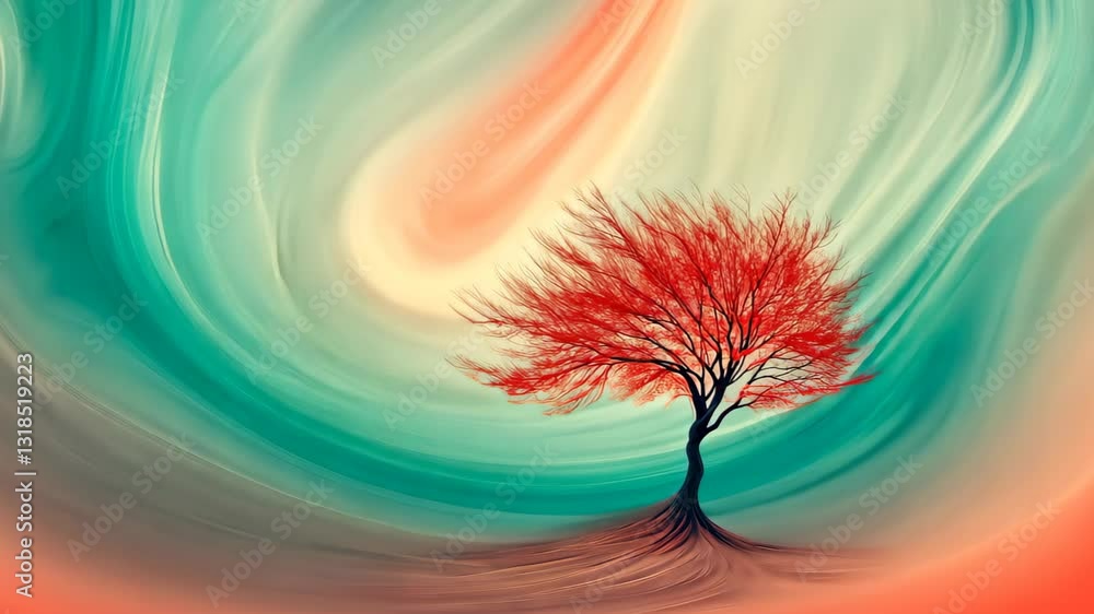 Poster surreal tree with whimsical flowing branches against pastel backdrop creating dreamlike landscape an