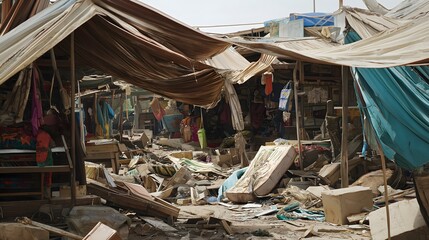 Devastated Market in Poverty-Stricken Dystopian Slum with Collapsed Structures and Makeshift Tents Amid Rubble and Desolation