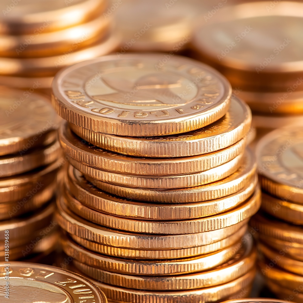 Poster close-up view of stacked coins with shiny surface reflecting light in a soft focus background