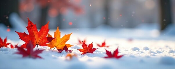 Delicate maple leaves fall gently on a snowy ground, foliage, winter