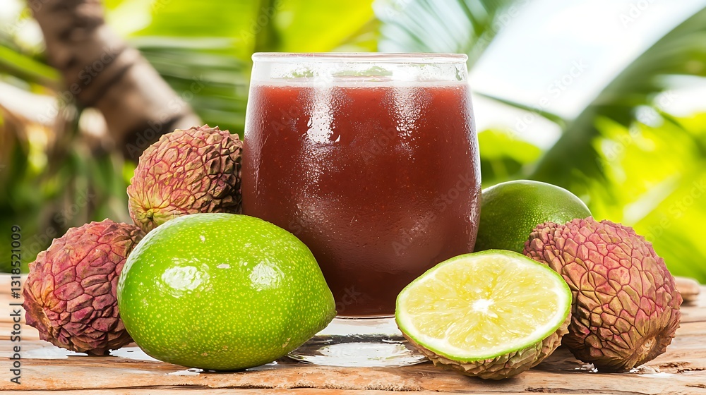 Poster refreshing tropical beverage with lychee and lime on a rustic wooden table in a lush jungle setting