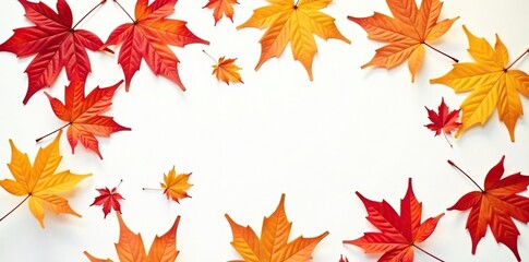 Fototapeta premium Delicate maple leaves scattered on white background, leaves, autumn