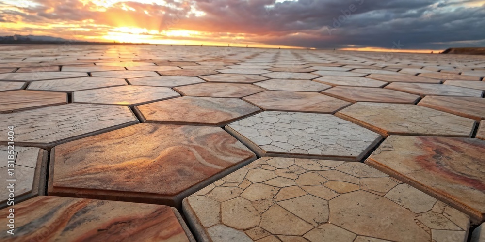 Poster A Close-Up View of a Hexagonal Patterned Stone Pathway Leading Towards a Setting Sun with a Dramatic Cloudy Sky