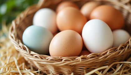 Fresh organic eggs in rustic basket on straw, farm-fresh simplicity