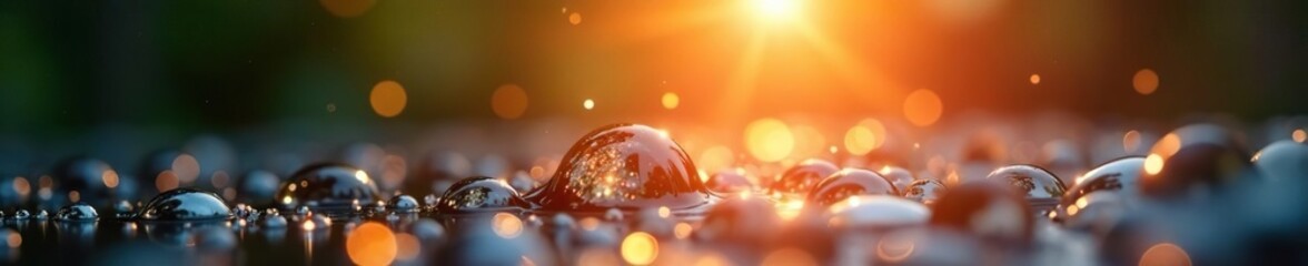 Sparkling droplets of water create tiny sunbeams, brightness, sunbeam