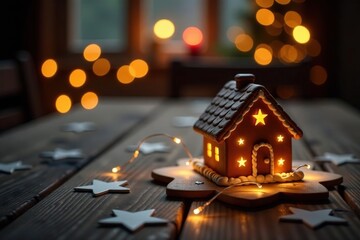 Sparkling fairy lights illuminate a star-patterned wooden table with a gingerbread centerpiece, Fairy Lights, Centerpiece, Decoration