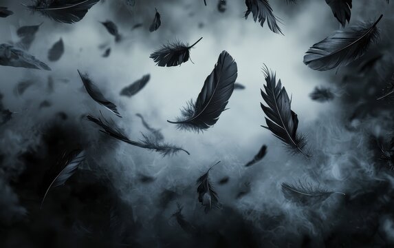 Floating black raven feathers on a misty gothic night background