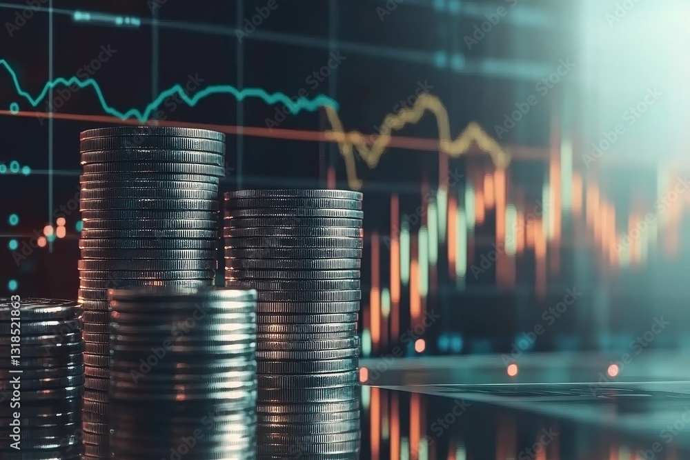 Poster stacks of coins with financial graph and stock market data analysis