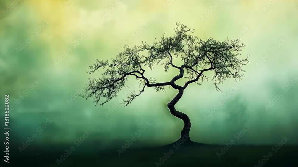 Poster surreal tree with flowing branches against misty background, organic shapes merging with clouds, eth