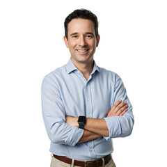 Handsome Smiling Businessman in a Blue Shirt Standing with Arms Crossed on, PNG format 