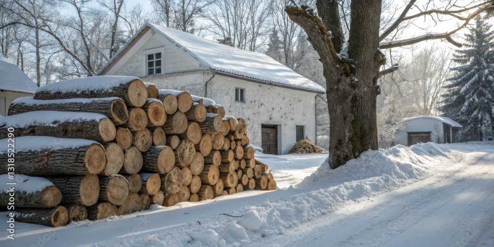 Poster a snowy winter scene featuring a stack of logs against a white building with a snow-covered roof, al