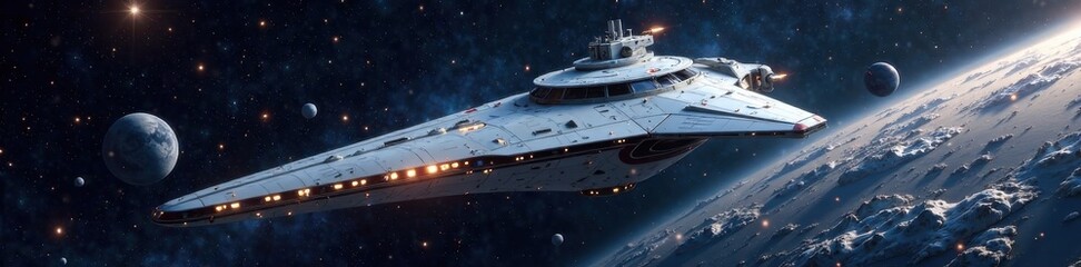 Futuristic spacecraft docked at a sleek white orbital station, amidst stars and planets , sci-fi, technology, futuristic