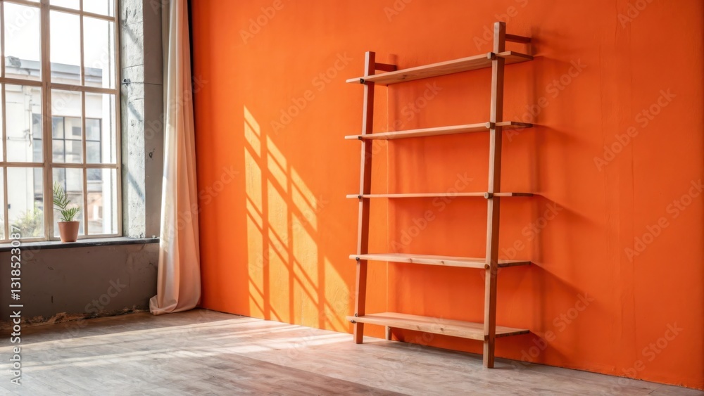 Aufkleber simple wooden bookshelf against a bright orange wall with a window and curtains in the background