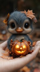 Ultrarealistic Baby Duck and Mother with Expressive Eyes Holding a Small Toy