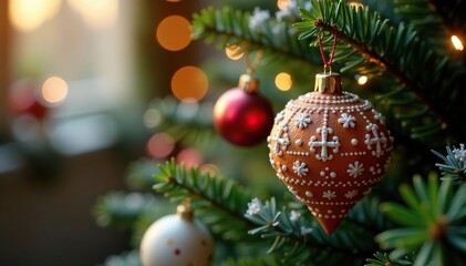 Sparkling gingerbread ornaments on fir branches with lush garlands amidst soft, warm light, snowflakes, Christmas tree
