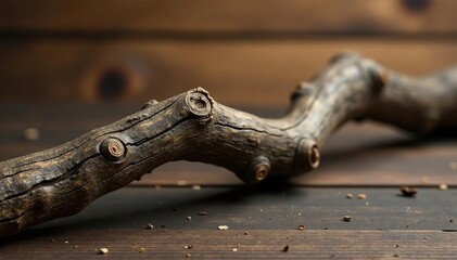 Twisted isolated tree branch on wooden background, knot, tree, rustic