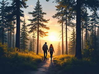 Fototapeta premium A couple hiking a forest area with tall trees during evening in summer vacation