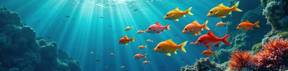Fototapeta premium School of colorful fish swimming together in the ocean, blue water, sea life