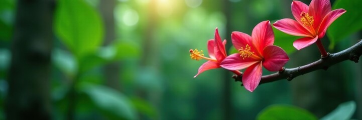 Exotic flowers bloom on a tree branch in the jungle, flowers, tropical plants, trees