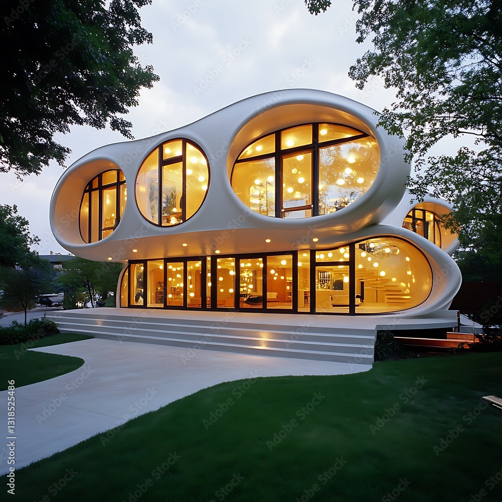 Poster contemporary architecture with organic forms and illuminated windows at twilight in urban setting