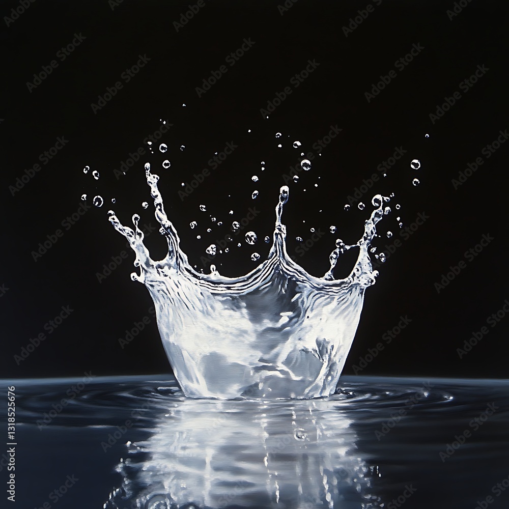 Poster water splash creating ripples with drops on black background for artistic and nature projects