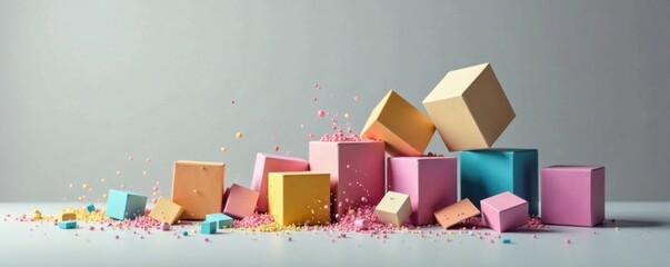 Fototapeta premium Shattered cube boxes scattered on a plain grey surface, background, blocks, cube