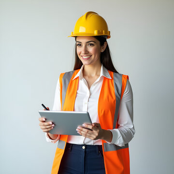  Female Engineer in Safety Gear Using Digital Tablet for Construction Planning. 