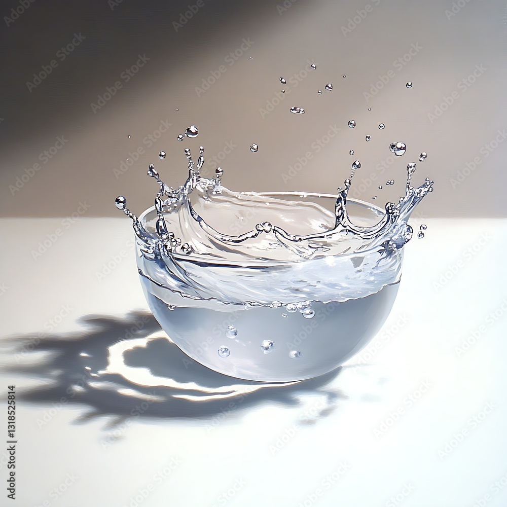 Poster crystal clear water splash with droplets jumping from a circular bowl on a soft background