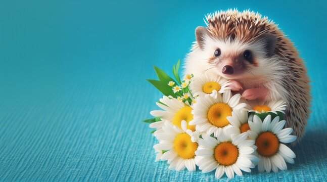 funny animals spring holidays - cute hedgehog with spring flowers, white daisies on a blue background