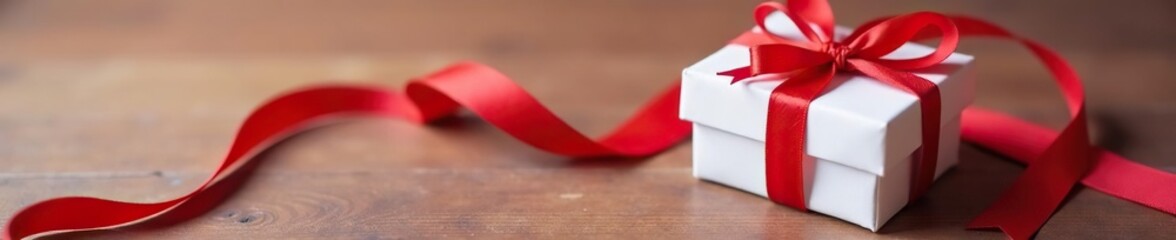 Small white gift box wrapped in red ribbon and twine, gift, tied up