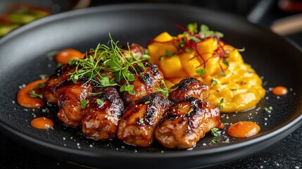Fototapeta premium Grilled Chicken Bites with Mango Puree on Black Plate