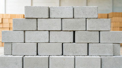 Obraz premium Stacked Concrete Blocks in Construction Site with Industrial Background