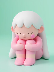 cartoon 3d render baby girl in pink dress sits on the ground with knees folded, isolated on mint green, 3oodpi