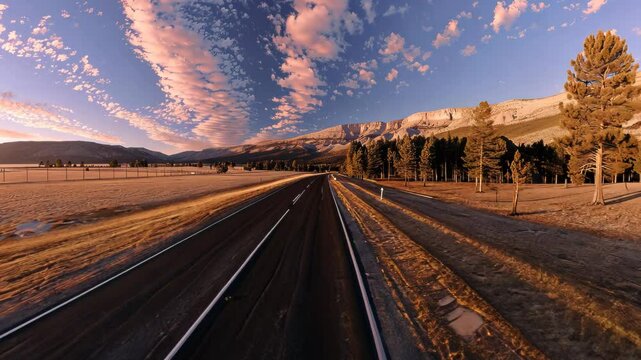 A deserted road leading through a winter landscape with snow-covered mountains and dramatic clouds in the sky.
