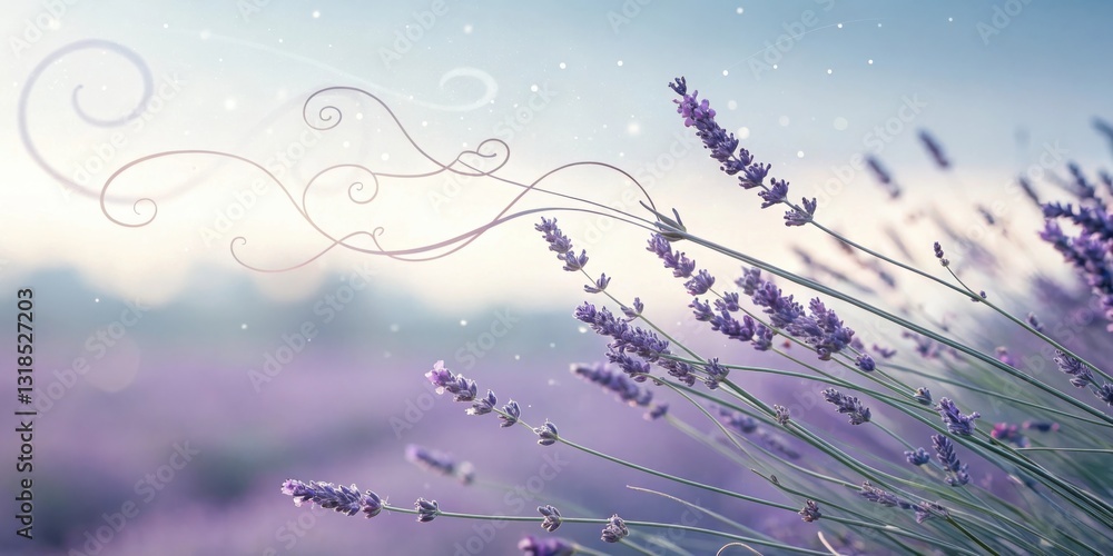 Poster whimsical lavender blooms swaying in the gentle breeze, illuminated by a soft, hazy sunlight, creati
