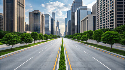 Urban Cityscape with Clear Road and Modern Skyscrapers Under a Bright Sky