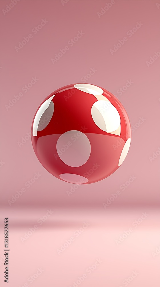 Poster glossy red sphere with white dots floating in space on a soft pink background