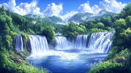 Fototapeta premium Serene Waterfall Landscape in Lush Green Forest
