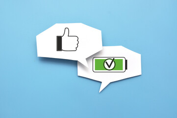 A speech bubble with a charged battery. Cheerful, energetic, positive human condition