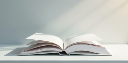 Single isolated book in a minimalist setup on light grey desk, workspace decor, , writing aid