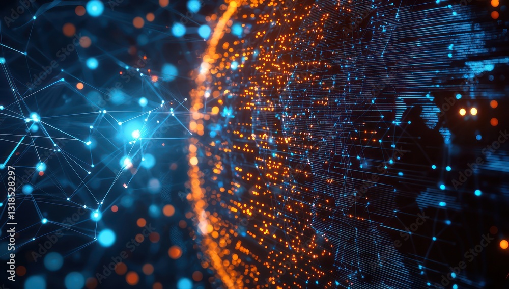 Poster global data connectivity with quantum elements on fiber-optic network background.