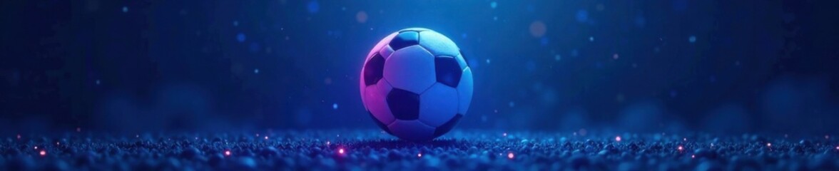 Glowing neon soccer ball suspended in mid-air over blue background, neon, ball, glowing