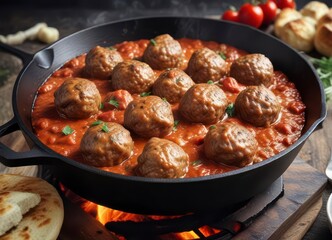 Sizzling meatballs in tomato sauce sizzling in a cast iron skillet,  savory, hot