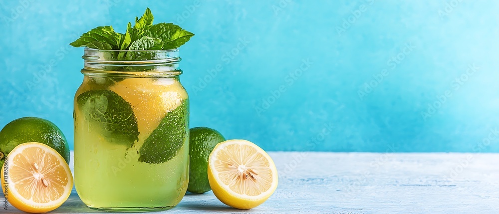 Poster refreshing lemon and mint drink in jar with slices of lemon and limes on bright background
